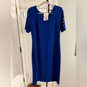 SLNY Royal Blue Midi Shift Dress with Pearl-Button Sleeves NWT